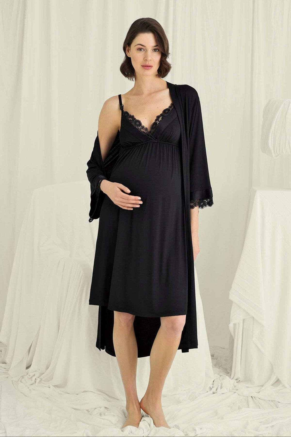 Flower Lace Collar Maternity Feeding-Friendly Nightgown & Lace Sleeve Robe Set Black - E18721
