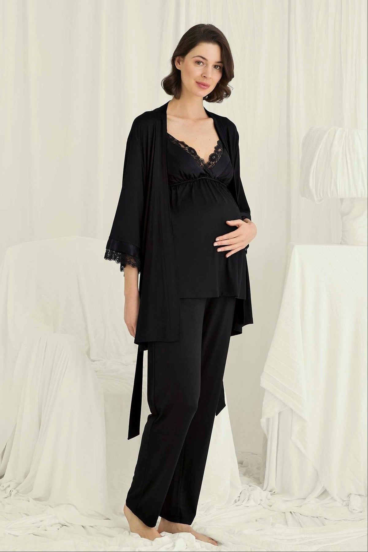Flower Lace Collar 3-Piece Maternity Feeding-Friendly Pajama & Lace Sleeve Robe Set Black - E18722