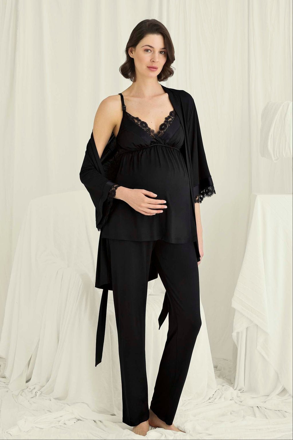 Flower Lace Collar 3-Piece Maternity Feeding-Friendly Pajama & Lace Sleeve Robe Set Black - E18722