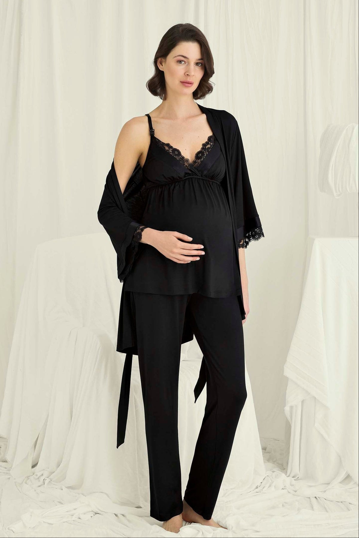Flower Lace Collar 3-Piece Maternity Feeding-Friendly Pajama & Lace Sleeve Robe Set Black - E18722
