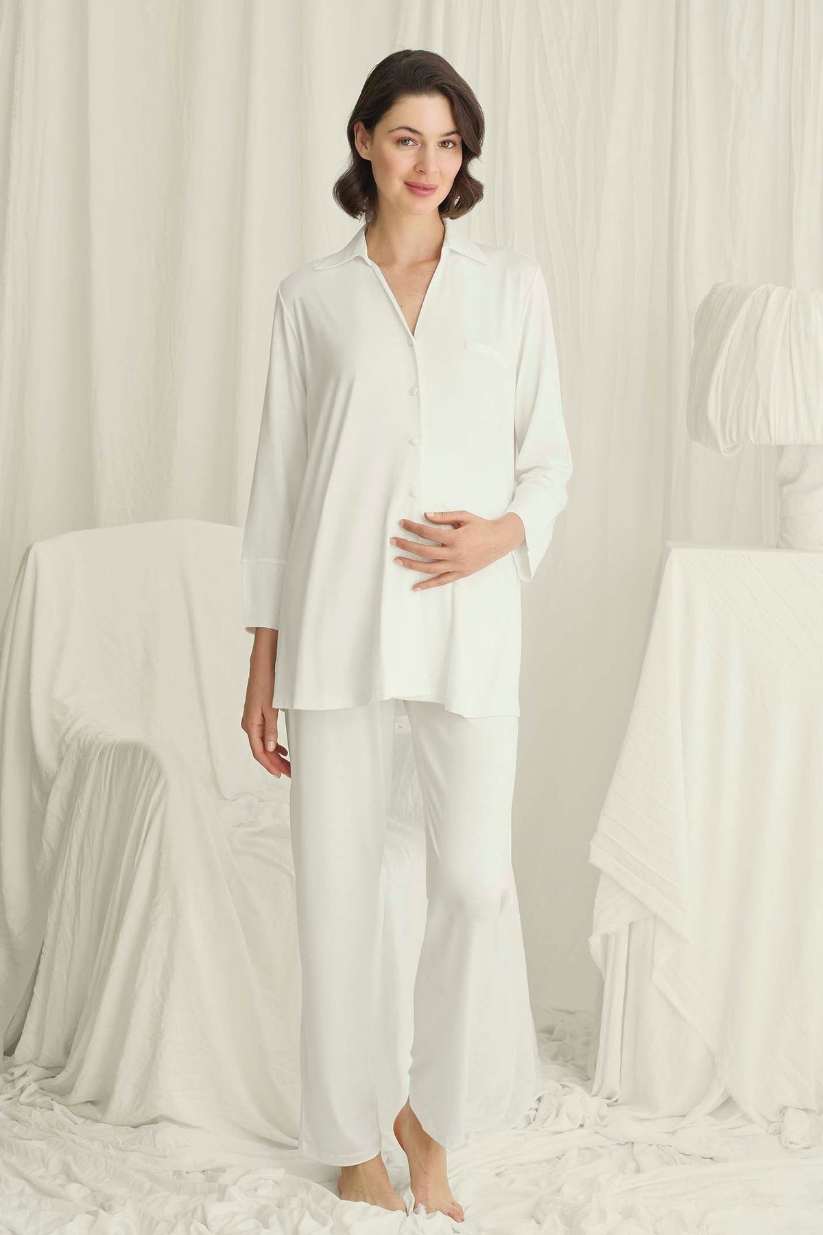 Satin-Trim Shirt Soft Maternity Feeding-Friendly Pajama Set Ecru - E18725