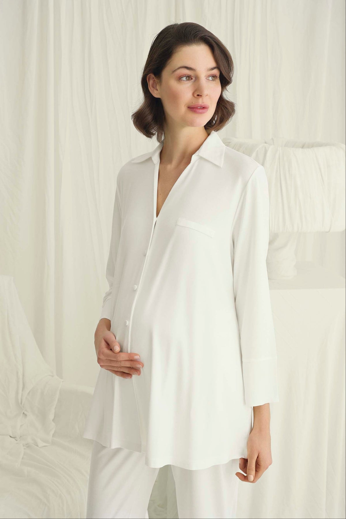 Satin-Trim Shirt Soft Maternity Feeding-Friendly Pajama Set Ecru - E18725
