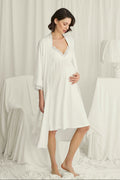 Flower Lace Collar Maternity Feeding-Friendly Nightgown & Lace Sleeve Robe Set Ecru - E18726