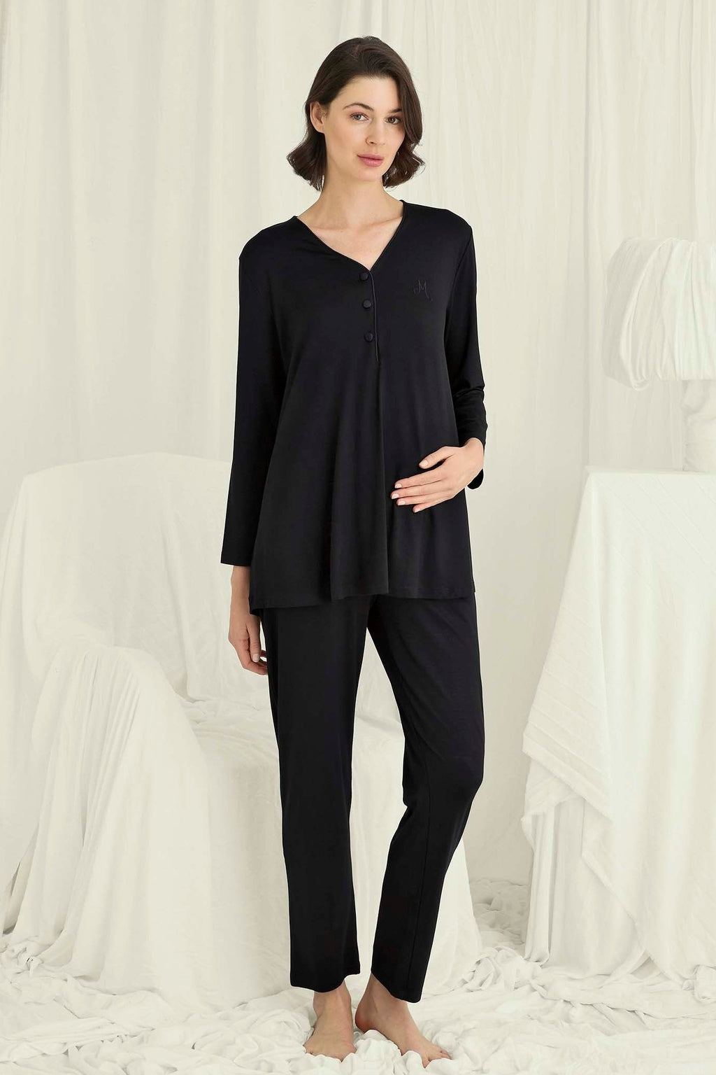 V-Neck Soft Maternity Feeding-Friendly Pajama Set Black - E18728