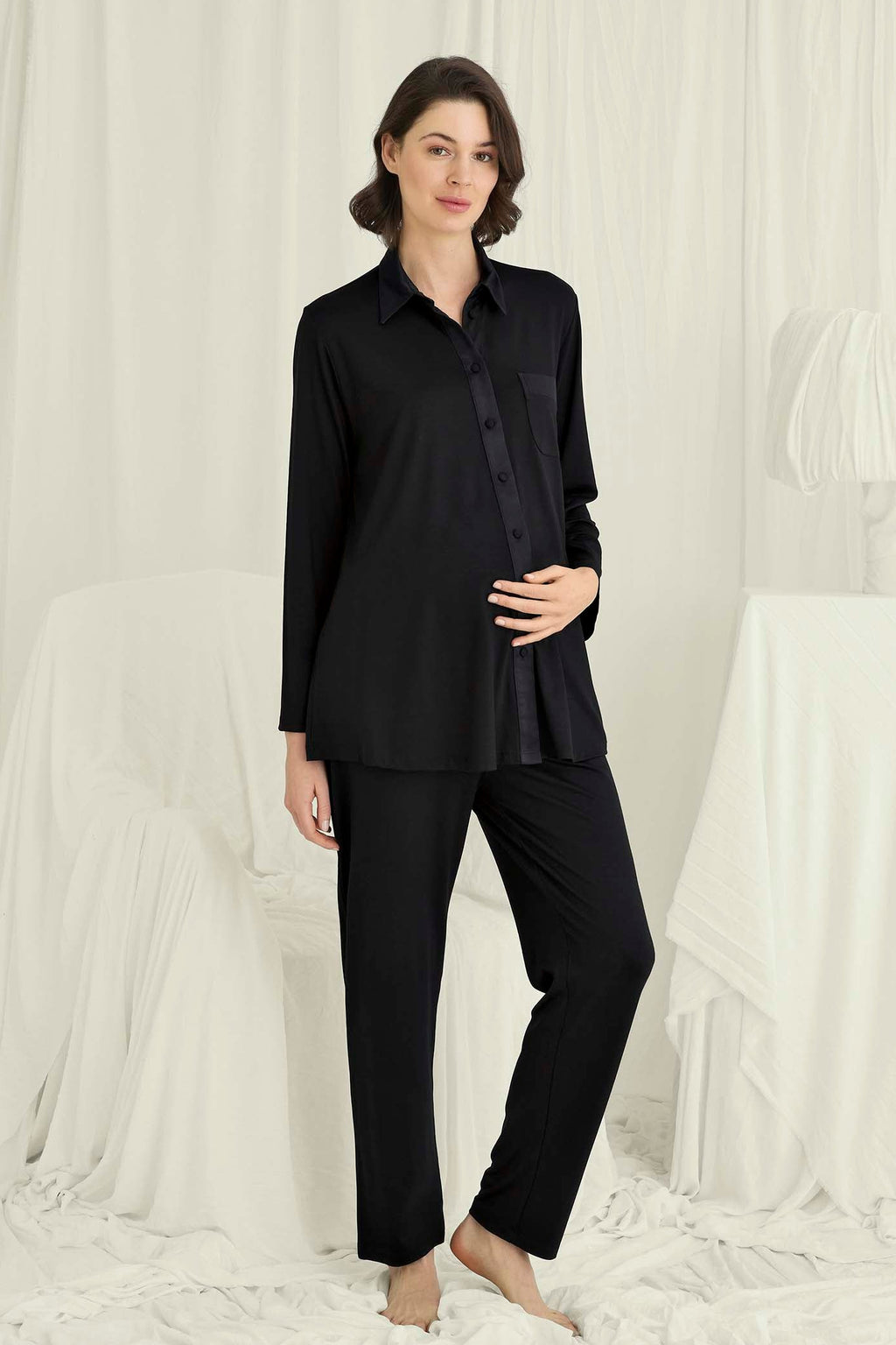 Shirt-Style Soft Maternity Feeding-Friendly Pajama Set Black - E18729