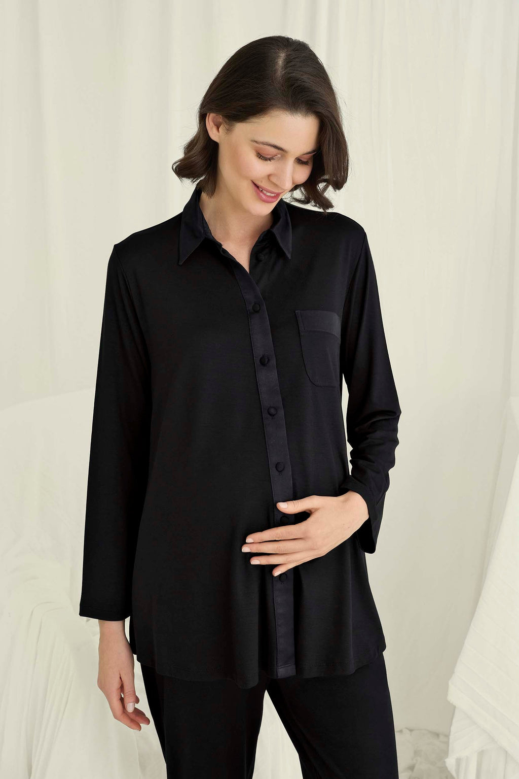 Shirt-Style Soft Maternity Feeding-Friendly Pajama Set Black - E18729