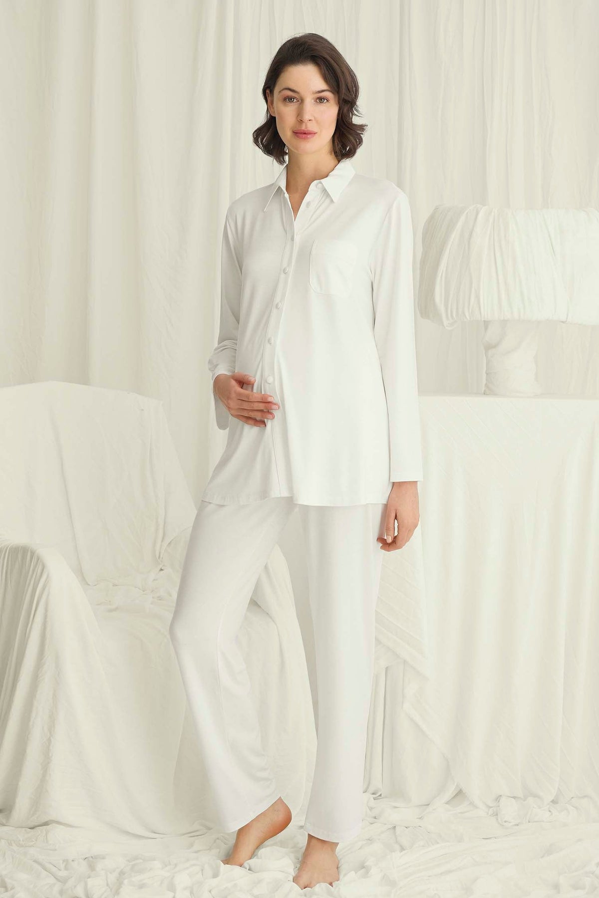 Shirt-Style Soft Maternity Feeding-Friendly Pajama Set Ecru - E18738