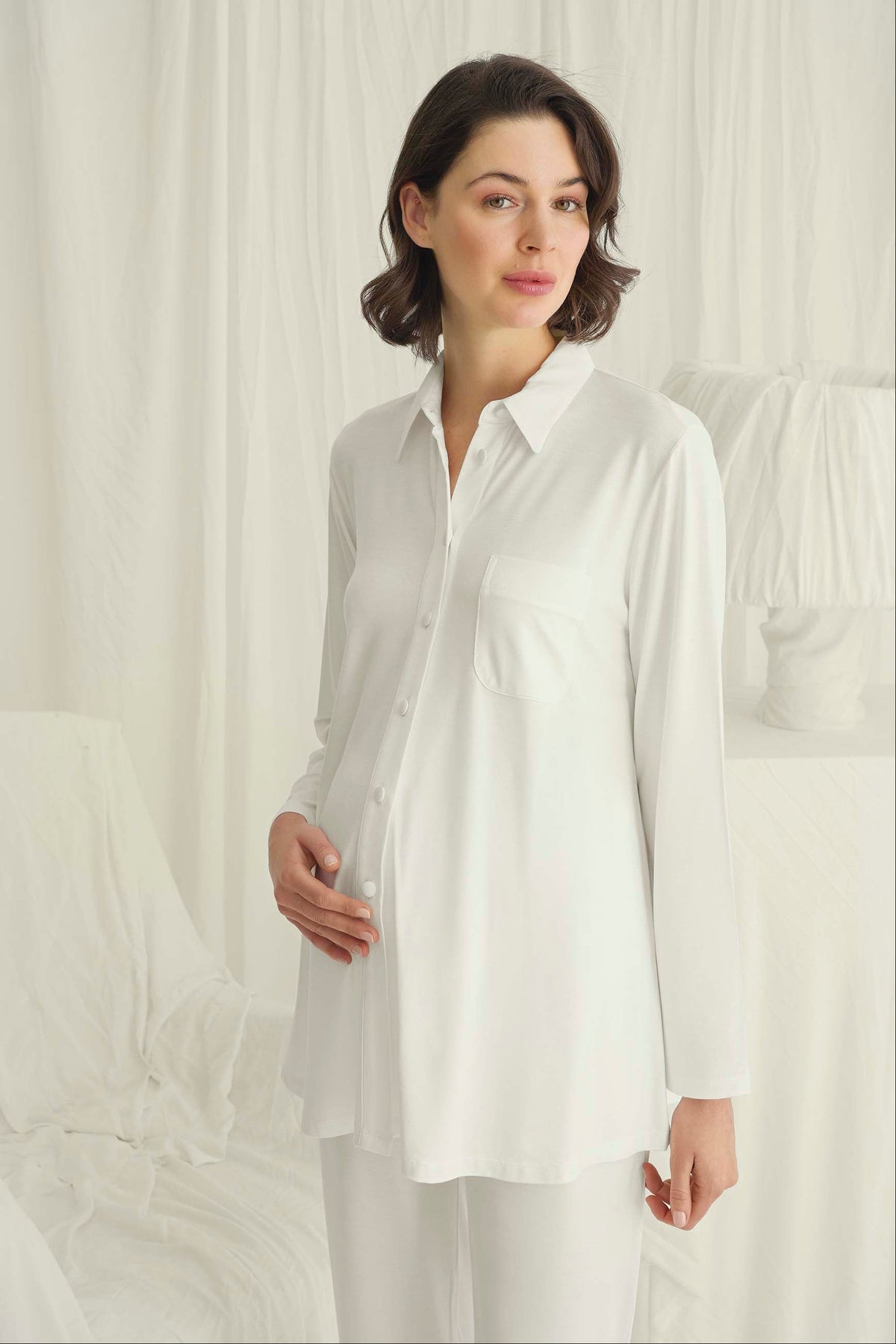 Shirt-Style Soft Maternity Feeding-Friendly Pajama Set Ecru - E18738
