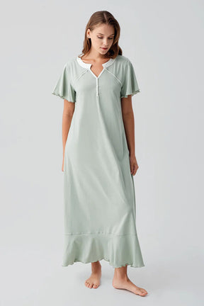 Pleated Skirt Cotton Plus Size Maternity & Nursing Nightgown Green - 19100