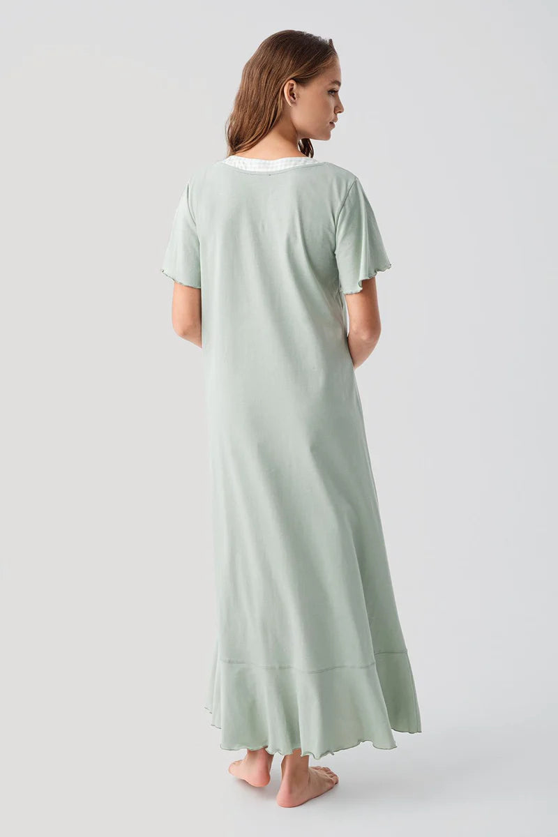 Pleated Skirt Cotton Plus Size Maternity & Nursing Nightgown Green - 19100