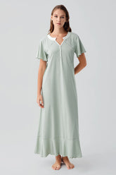Pleated Skirt Cotton Plus Size Maternity & Nursing Nightgown Green - 19100