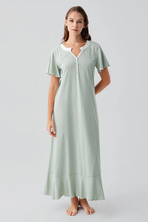 Pleated Skirt Cotton Plus Size Maternity & Nursing Nightgown Green - 19100