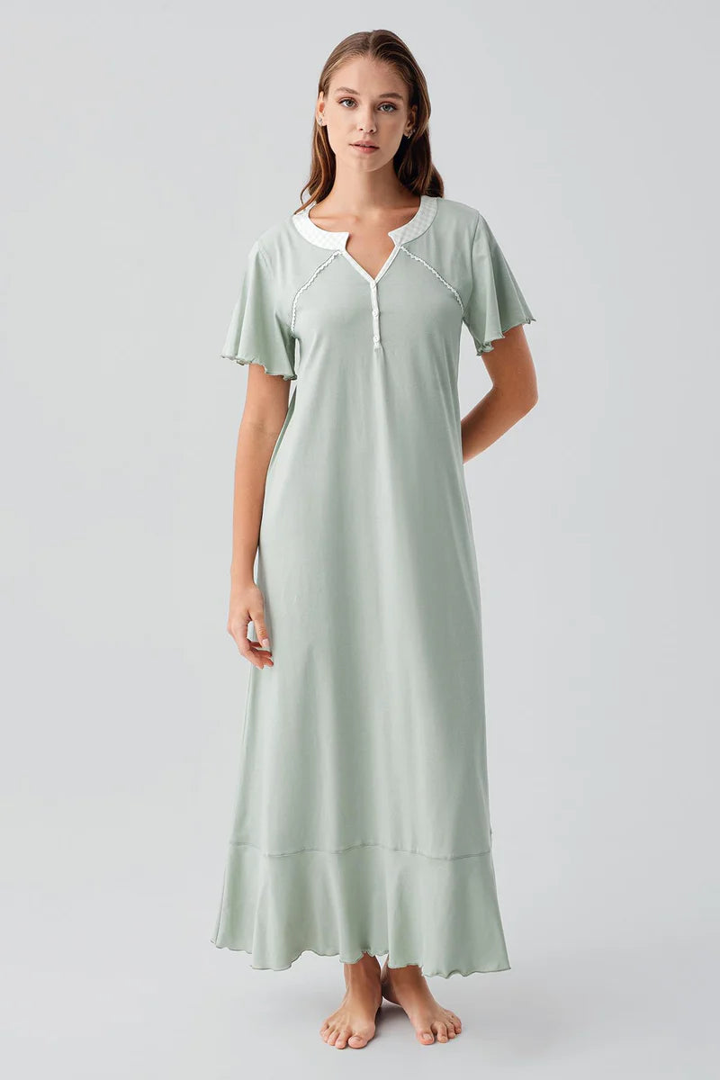 Pleated Skirt Cotton Plus Size Maternity & Nursing Nightgown Green - 19100