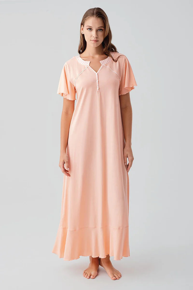 Pleated Skirt Cotton Plus Size Maternity & Nursing Nightgown Salmon - 19100