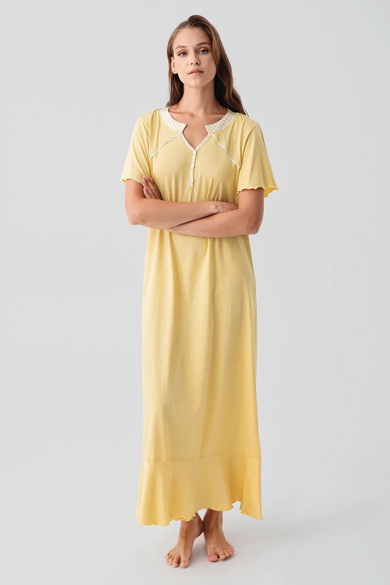 Pleated Skirt Cotton Plus Size Maternity & Nursing Nightgown Yellow - 19100