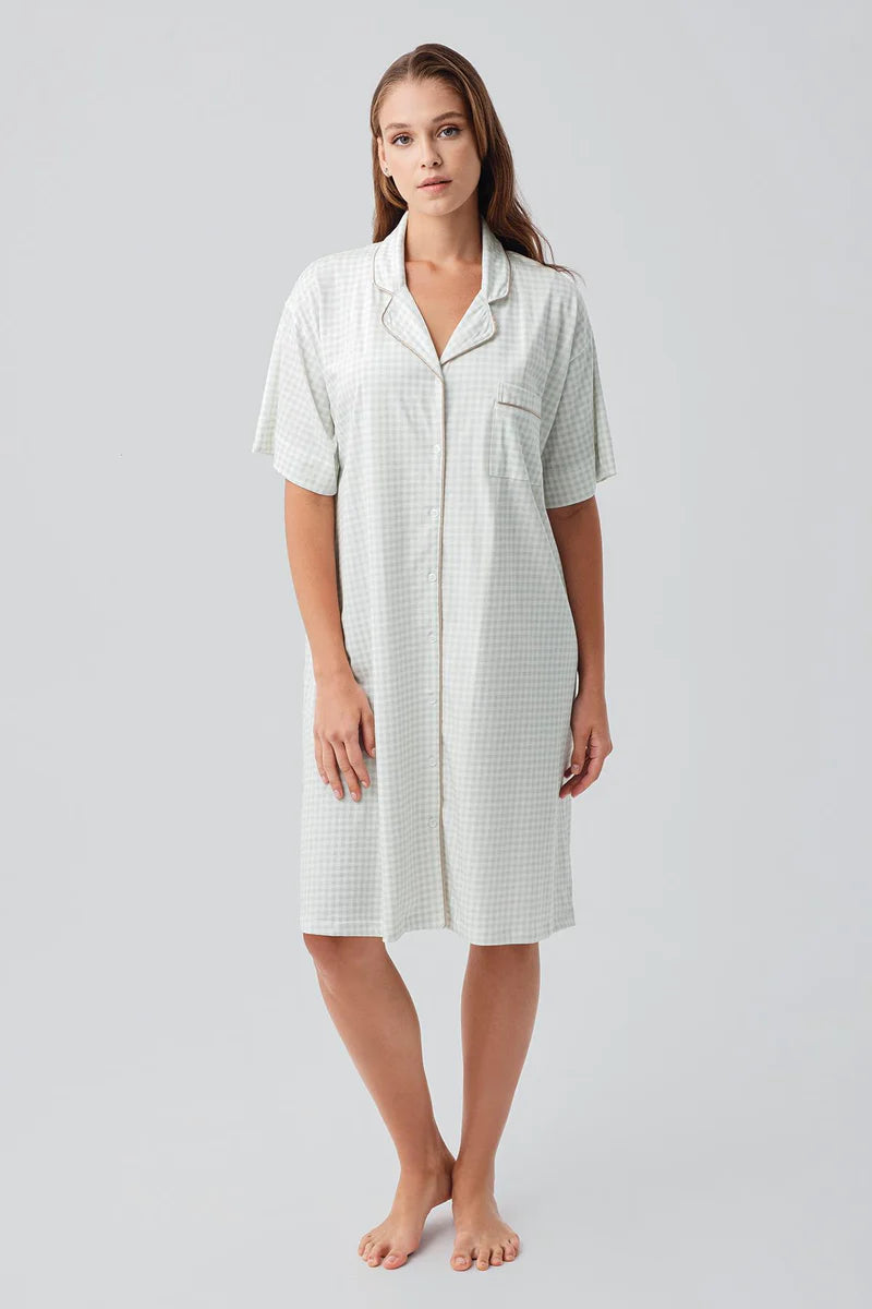Gingham Check Cotton Maternity & Nursing Nightgown Green - 19101