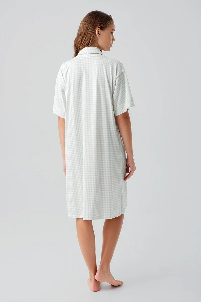 Gingham Check Cotton Maternity & Nursing Nightgown Green - 19101