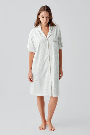 Gingham Check Cotton Maternity & Nursing Nightgown Green - 19101