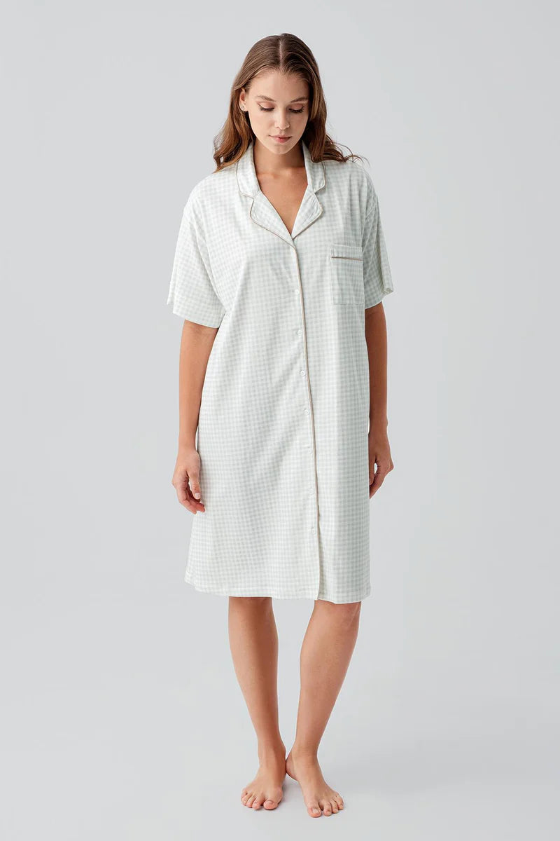 Gingham Check Cotton Maternity & Nursing Nightgown Green - 19101