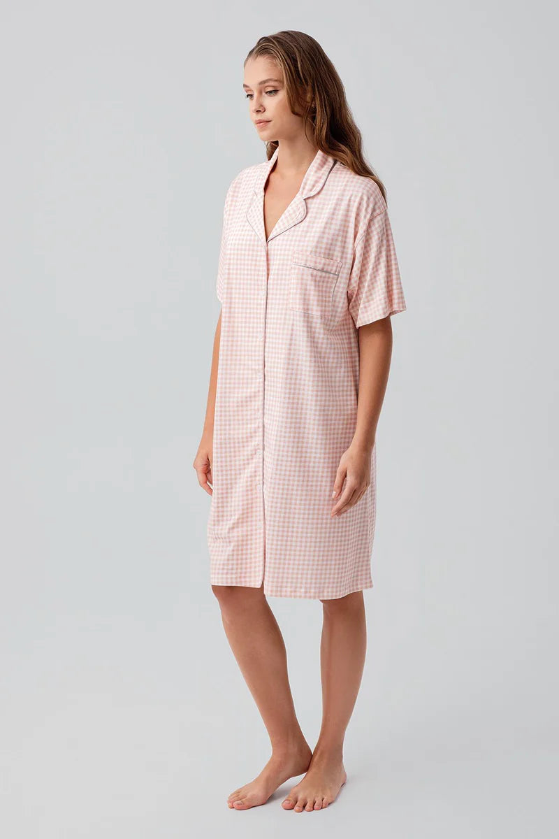 Gingham Check Cotton Maternity & Nursing Nightgown Salmon - 19101