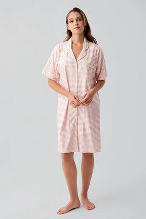 Gingham Check Cotton Maternity & Nursing Nightgown Salmon - 19101
