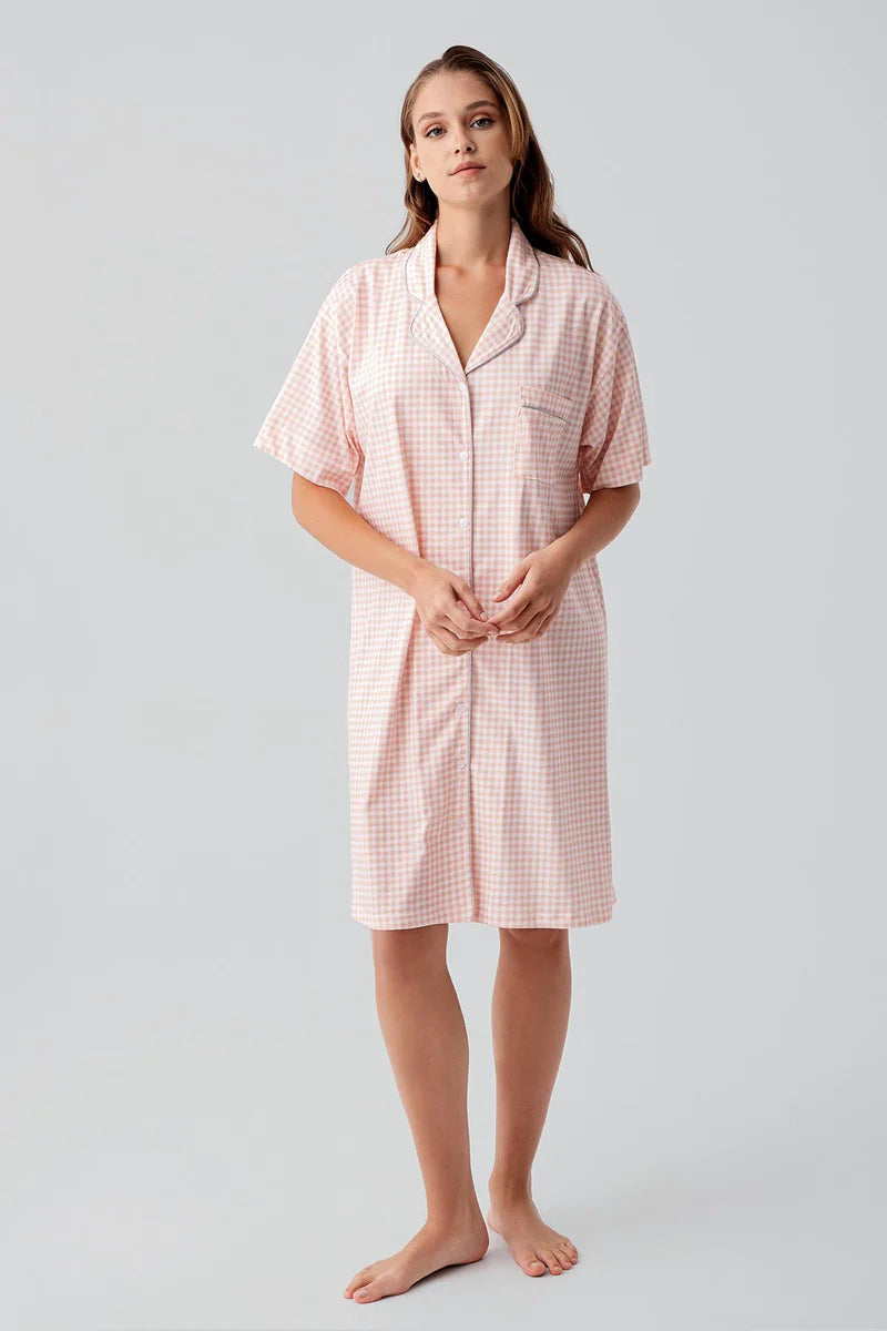Gingham Check Cotton Maternity & Nursing Nightgown Salmon - 19101