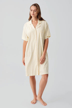 Gingham Check Cotton Maternity & Nursing Nightgown Yellow - 19101