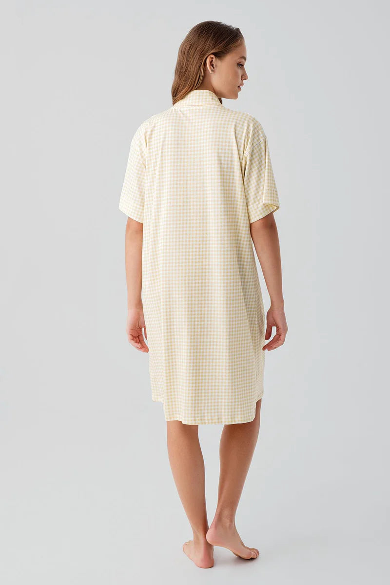 Gingham Check Cotton Maternity & Nursing Nightgown Yellow - 19101