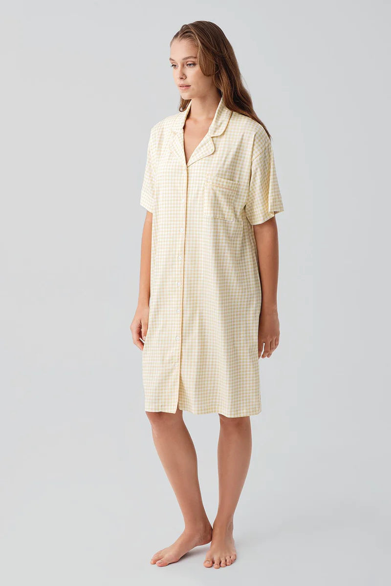 Gingham Check Cotton Maternity & Nursing Nightgown Yellow - 19101
