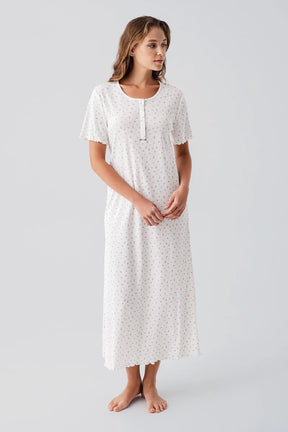 Flower Pattern Cotton Maternity & Nursing Nightgown Ecru - 19103