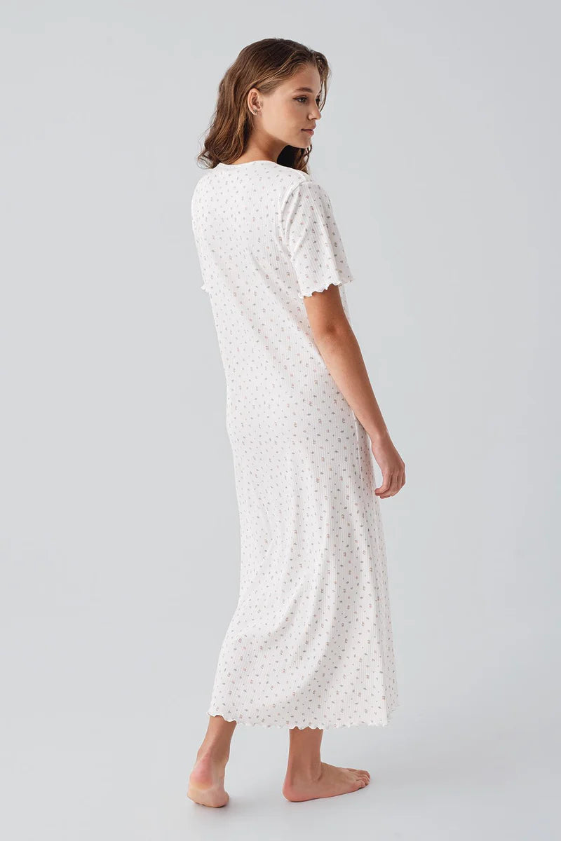 Flower Pattern Cotton Maternity & Nursing Nightgown Ecru - 19103
