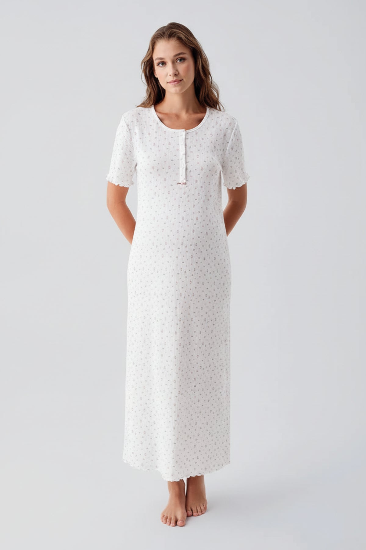 Flower Pattern Cotton Maternity & Nursing Nightgown Ecru - 19103