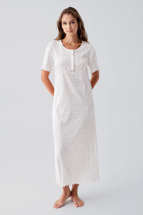 Flower Pattern Cotton Maternity & Nursing Nightgown Ecru - 19103