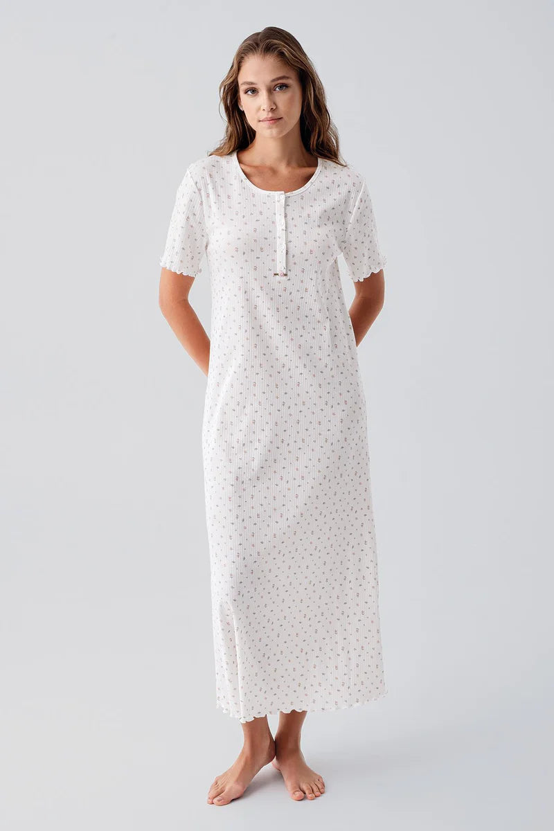 Flower Pattern Cotton Maternity & Nursing Nightgown Ecru - 19103
