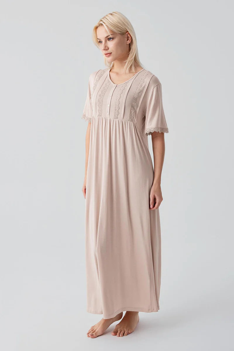 Lace Collar and Sleeve Plus Size Maternity & Nursing Nightgown Beige - 19104