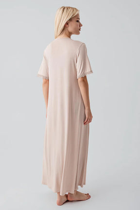 Lace Collar and Sleeve Plus Size Maternity & Nursing Nightgown Beige - 19104