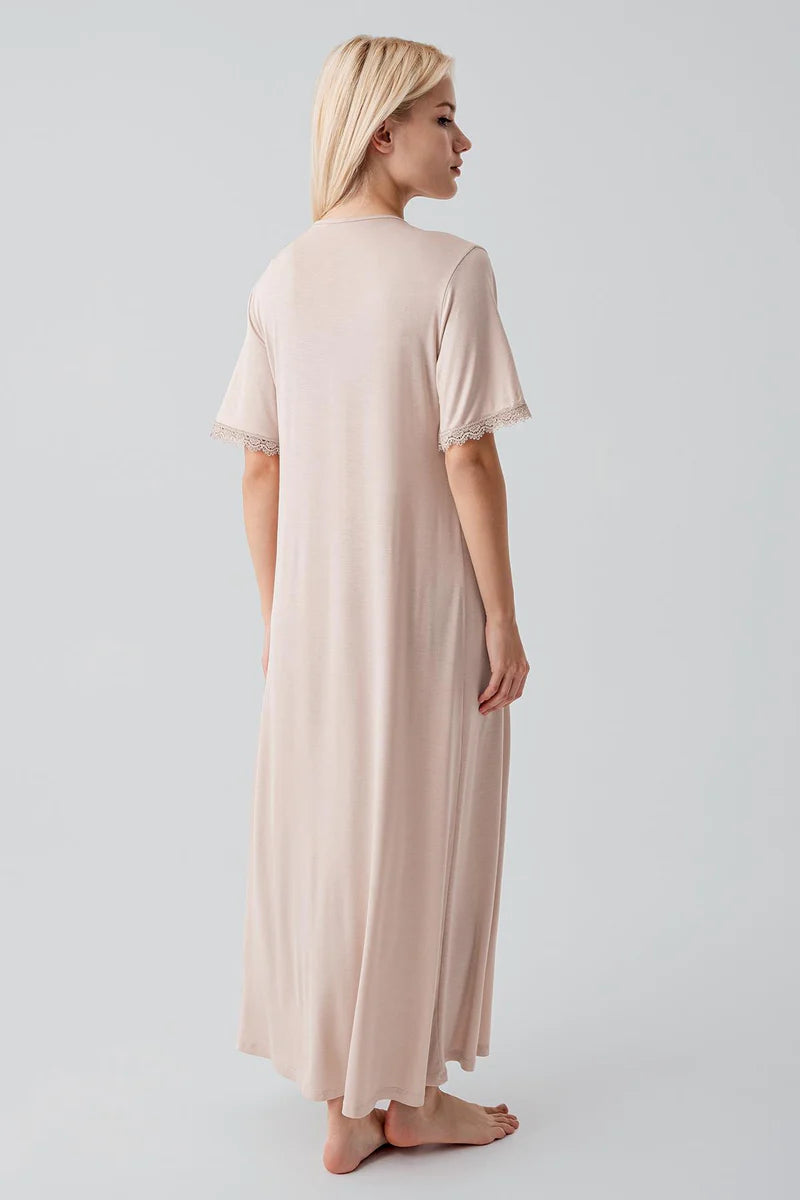 Lace Collar and Sleeve Plus Size Maternity & Nursing Nightgown Beige - 19104