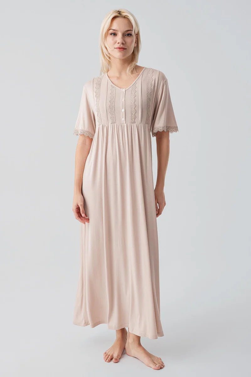 Lace Collar and Sleeve Plus Size Maternity & Nursing Nightgown Beige - 19104