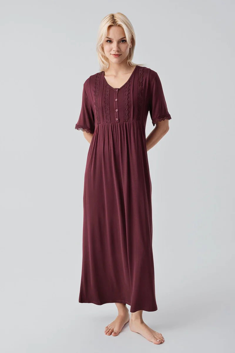 Lace Collar and Sleeve Plus Size Maternity & Nursing Nightgown Claret Red - 19104