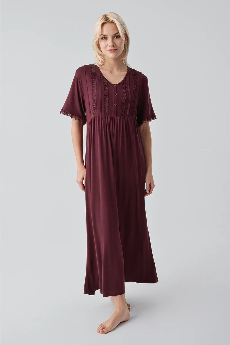 Lace Collar and Sleeve Plus Size Maternity & Nursing Nightgown Claret Red - 19104