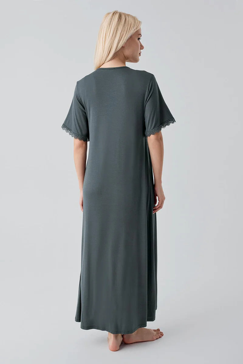 Lace Collar and Sleeve Plus Size Maternity & Nursing Nightgown Green - 19104