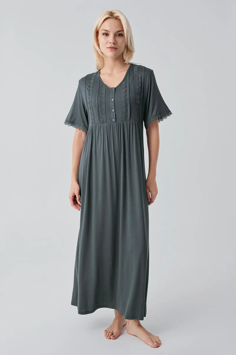Lace Collar and Sleeve Plus Size Maternity & Nursing Nightgown Green - 19104