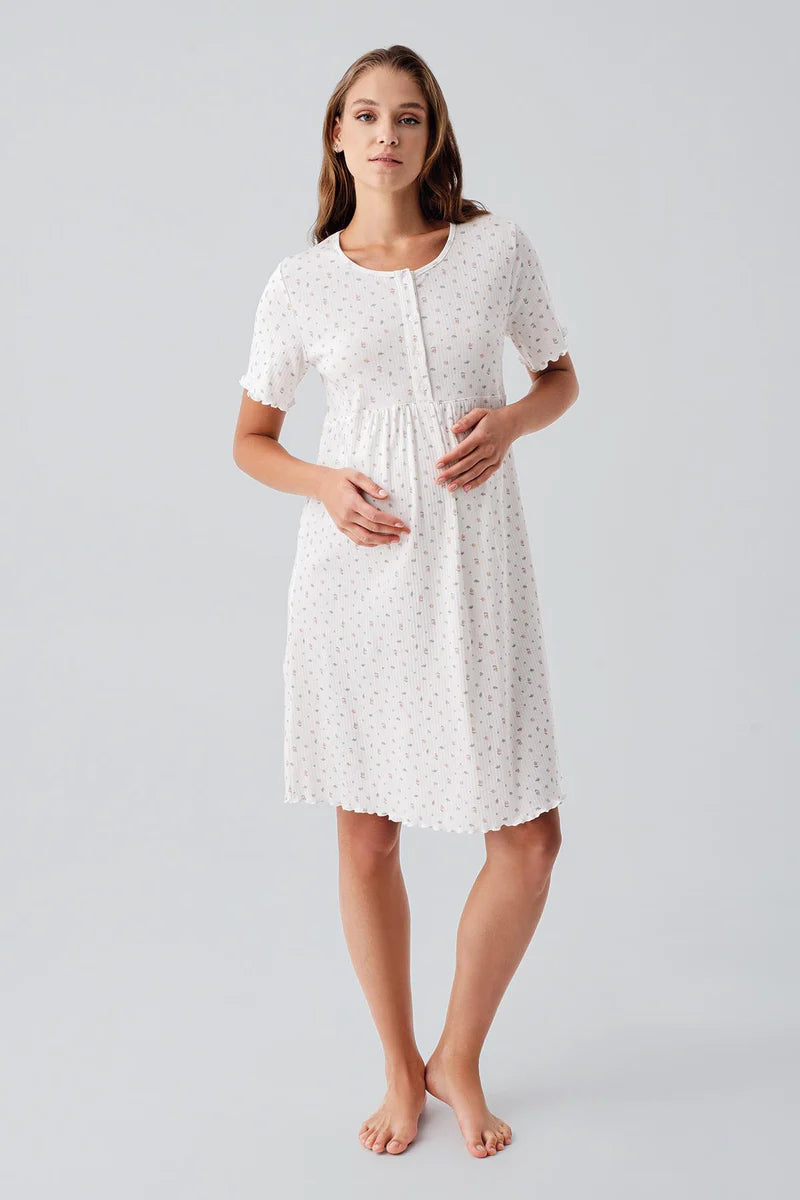 Patterned Pleated Cotton Maternity & Nursing Nightgown Ecru - 19106