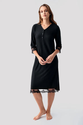 Elbow-Length Lace Sleeve Maternity & Nursing Nightgown Black - 19107