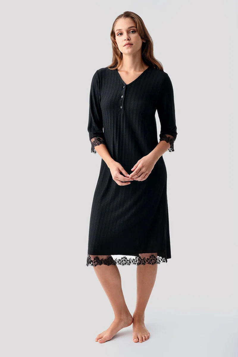 Elbow-Length Lace Sleeve Maternity & Nursing Nightgown Black - 19107