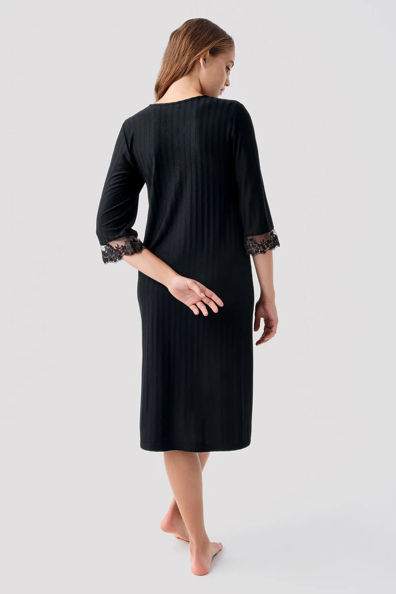 Elbow-Length Lace Sleeve Maternity & Nursing Nightgown Black - 19107