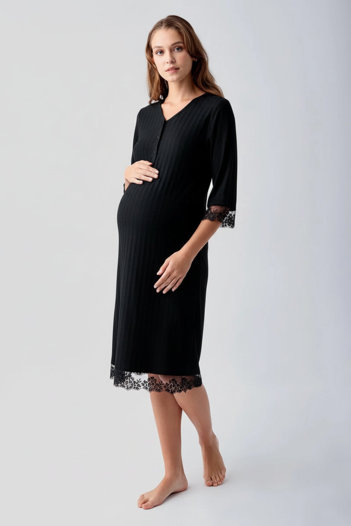Elbow-Length Lace Sleeve Maternity & Nursing Nightgown Black - 19107