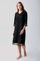 Elbow-Length Lace Sleeve Maternity & Nursing Nightgown Black - 19107