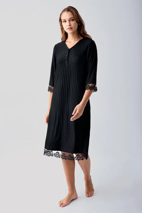 Elbow-Length Lace Sleeve Maternity & Nursing Nightgown Black - 19107