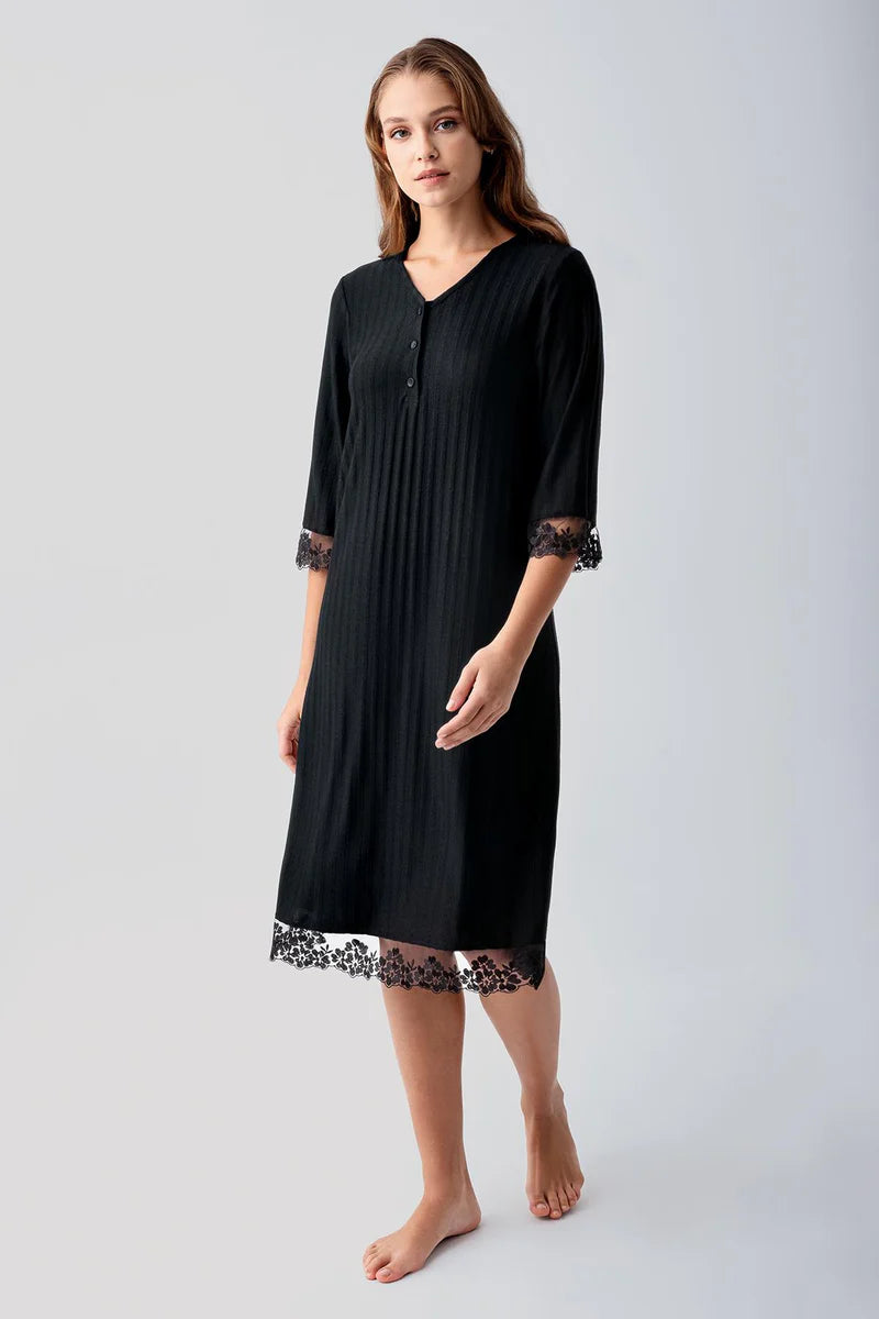 Elbow-Length Lace Sleeve Maternity & Nursing Nightgown Black - 19107